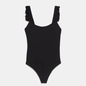 ZARA black ruffle-sleeve ribbed bodysuit